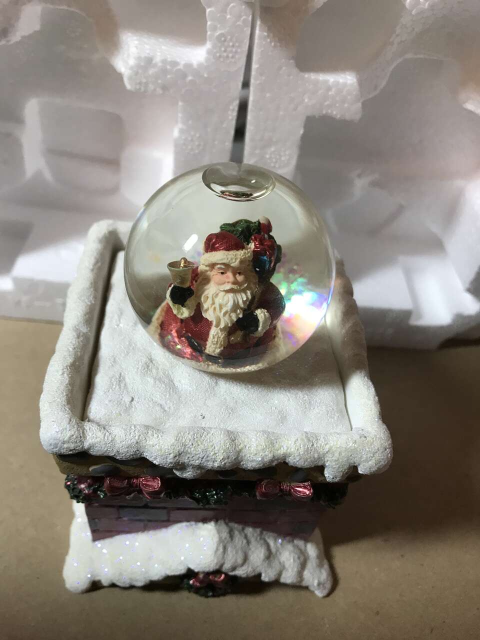Costco Christmas Water Globe Box with Interchangable Top Santa Upon the Chimney