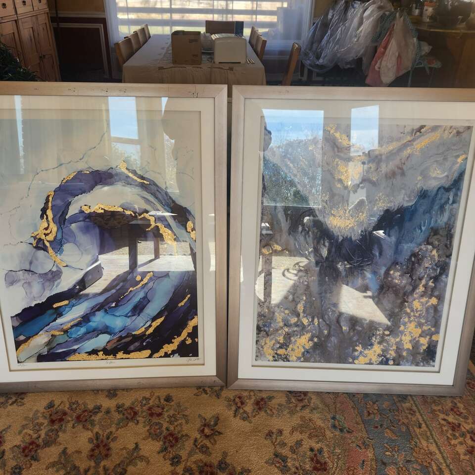 2 blue and gold paintings