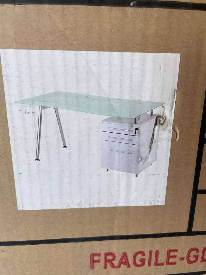 Wooden computer desk with glass top and drawers