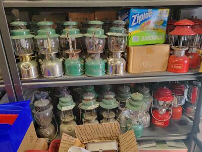 Coleman lanterns, heaters, coolers, stoves, jugs