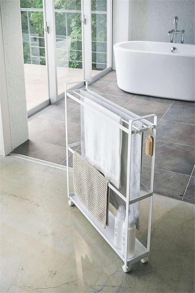 Yamazaki Bath Cart & Towel Rack - White Steel