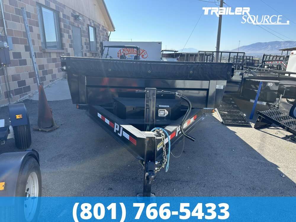 PJ Trailer DUMP 7x14 Dump Trailer 24" Sides 14K Battery, D-Rings, Scissor Hoist, Slide Out Ramps, Spreader Gate