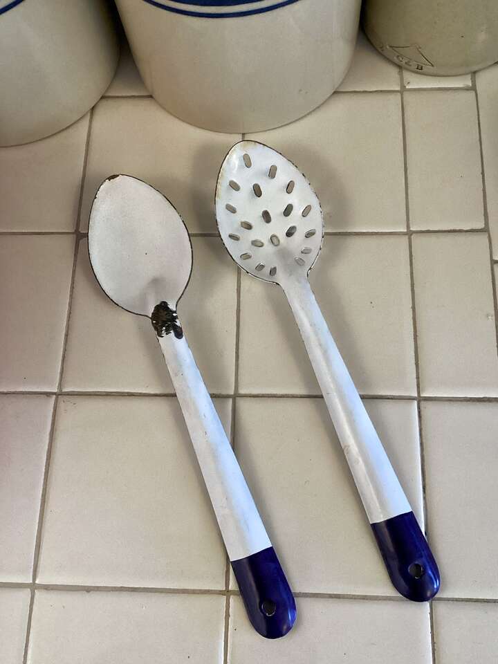 Antique White Enamelware Serving Spoons