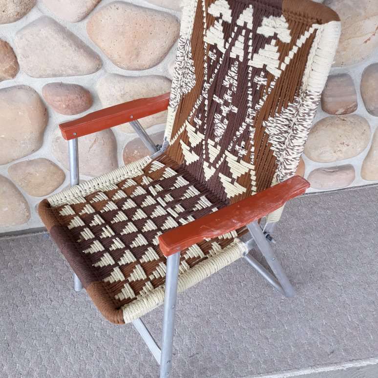 VTG Mid Century Woven Macrame Aluminum Folding Cha