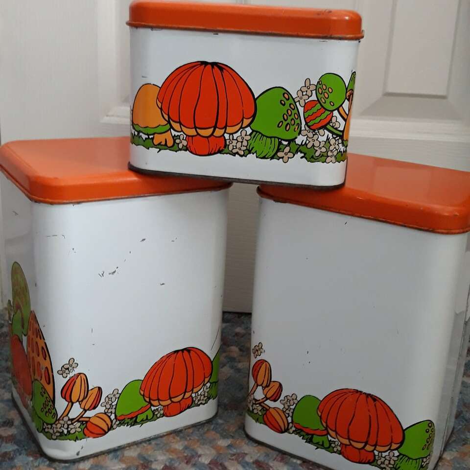 Vintage Set of 3 Mushroom Metal Canisters Retro
