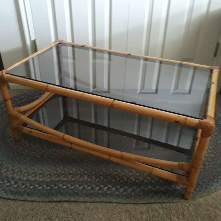 Vintage Glass & Bamboo Cooffee Table with Shelf
