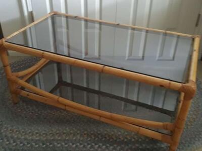 Vintage Glass & Bamboo Cooffee Table with Shelf