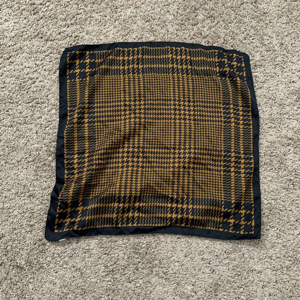 Vintage Black &amp; Gold Plaid Italy Polyester Scarf