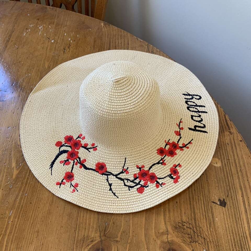 Floppy Sun Hat w Red Flowers & Happy Embroidery