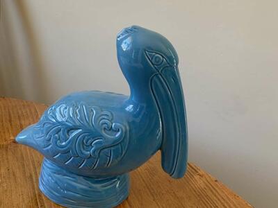 Blue Ceramic Sitting Pelican Figurine