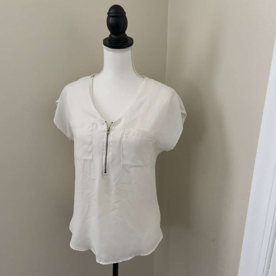 DownEast Off White Sheer Top 1/4 Gold Zip Size S