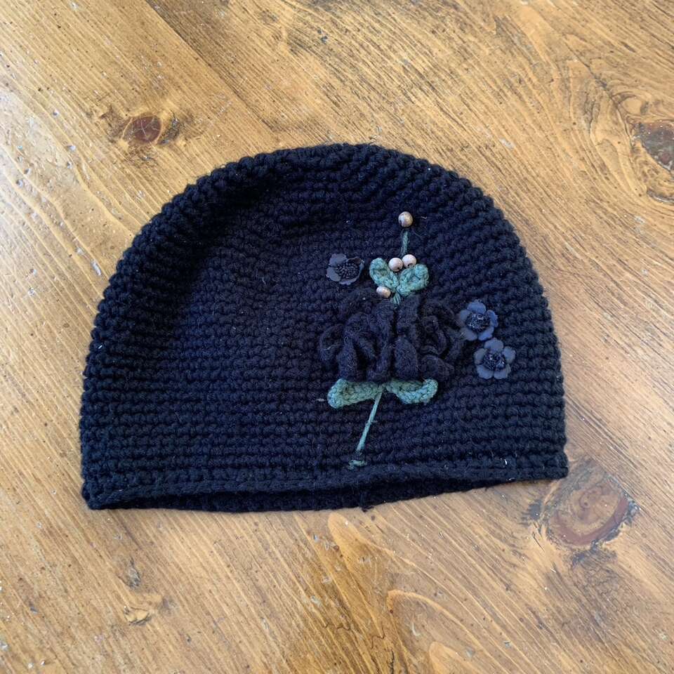 Black Adult Knit Beanie with Flowers One Size
