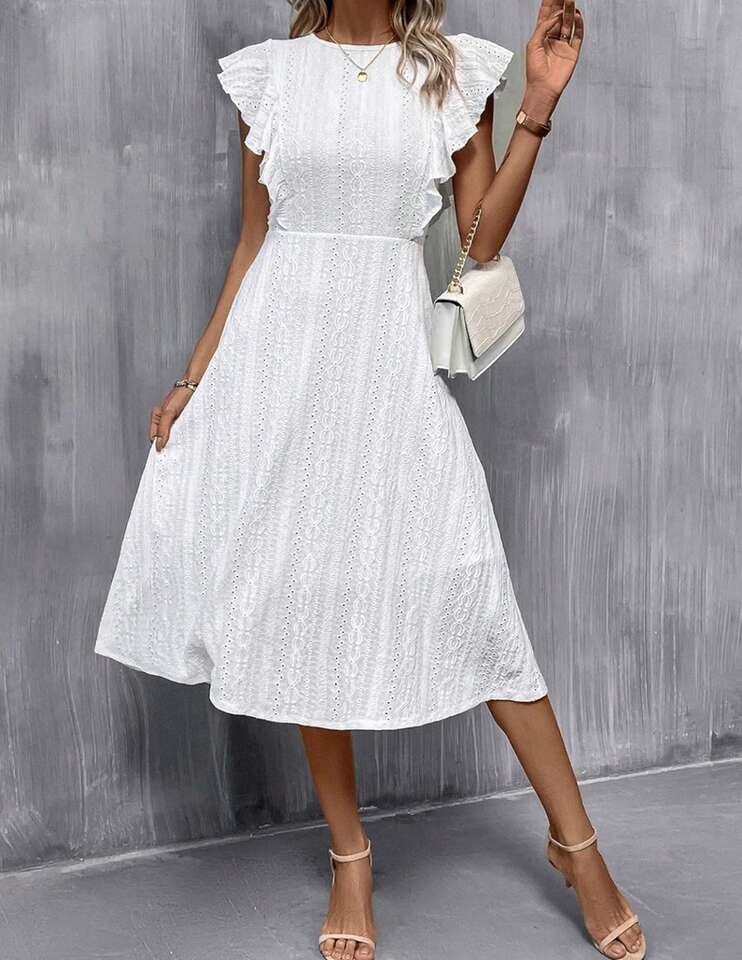 White Ruffle Trim A-line Round Neck Midi Dress S