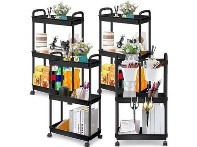 Leinuosen 3-Tier Plastic Rolling Utility Cart with Handle and Lockable Wheels. For Kitchen, Office, Dinning, or Classroom