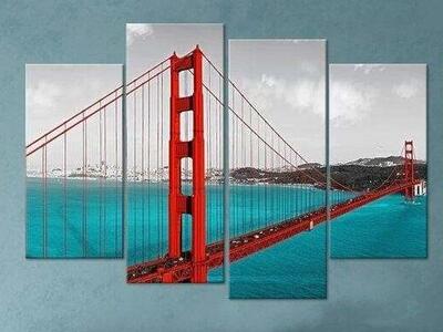 Conipit 4 Pieces Red Golden Gate Bridge Canvas Wall Art San Francisco Skyline Building Pictures Blue Sea Artwork