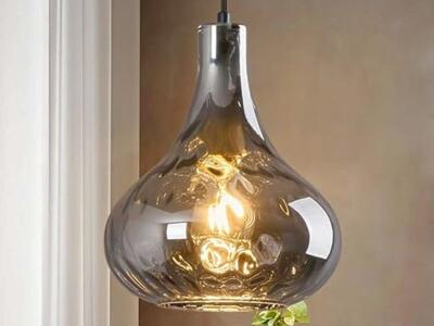 Modern Glass Pendant Light in Smoke Gray Hammered Glass Shade Black