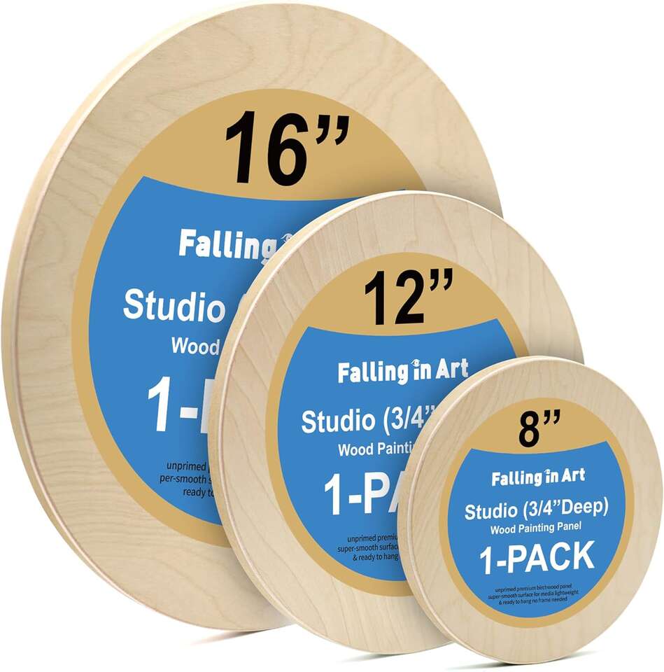 Falling in Art Unfinished Round Birch Wood Canvas Panels Kit, 3 Pack Sizes 8', 12' & 16'