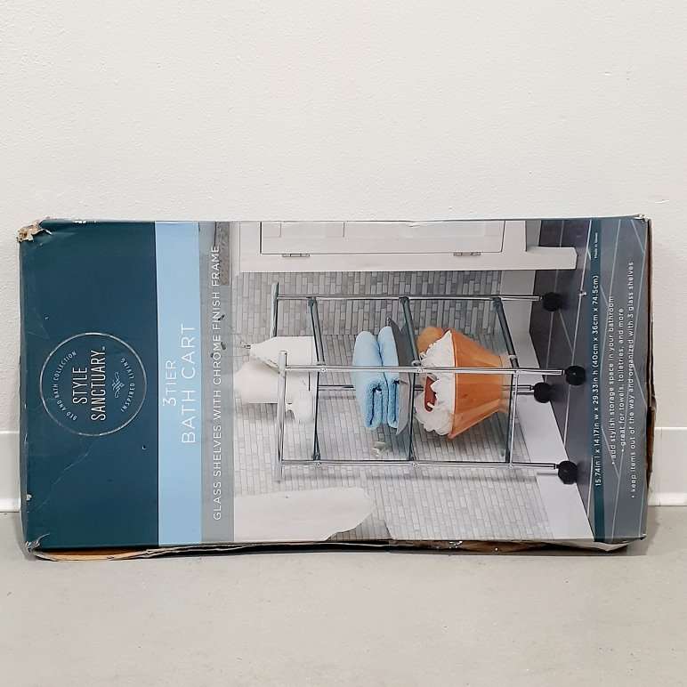 NIB 3-TIER CHROME & GLASS SHELF CART W/ WHEELS