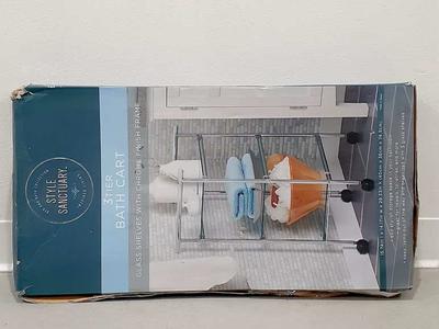 NIB 3-TIER CHROME & GLASS SHELF CART W/ WHEELS