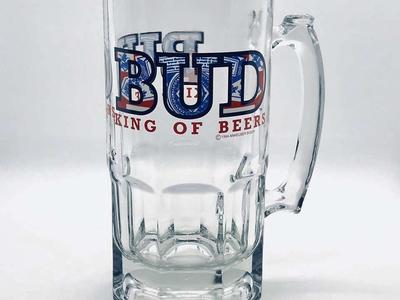 VINTAGE 1994 RED WHITE & BLUE BUDWEISER GLASS MUG