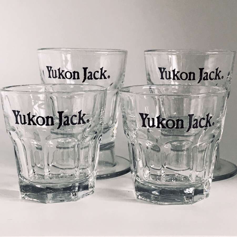SET OF 4 YUKON JACK WHISKEY GLASSES 3” TALL $20.00