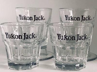 SET OF 4 YUKON JACK WHISKEY GLASSES 3” TALL $20.00