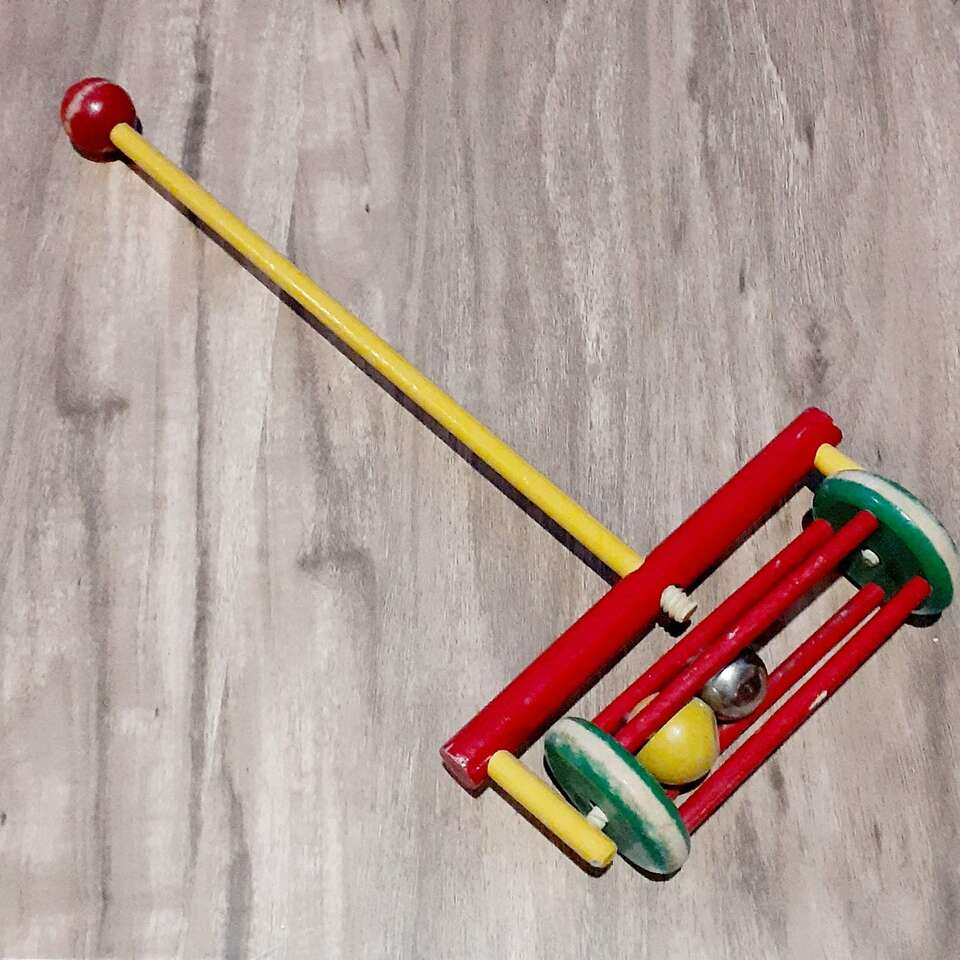VINTAGE 1980'S BRIO WOODEN "MOWER" W/ BALL & BELL