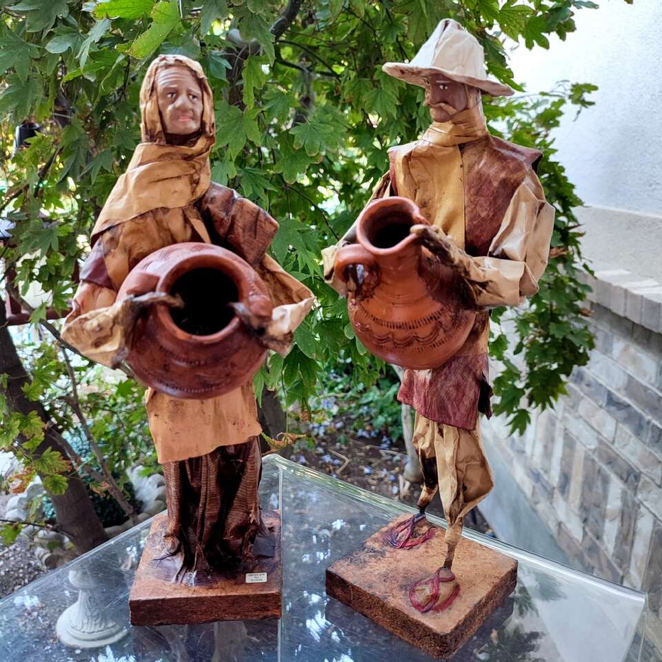 Mexican Folk Art Paper Mache Couple W/ Pottery Jug