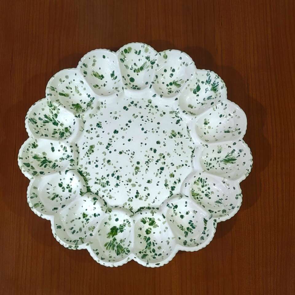Speckled White And Green Deviled Egg Serving Dish
