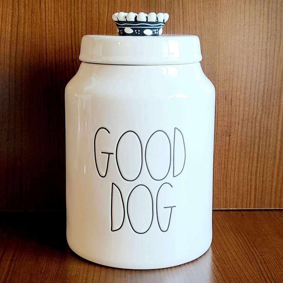 RAY DUNN CERAMIC DOG TREAT JAR CANISTER WITH CROWN LID IVORY AND BLACK NEW