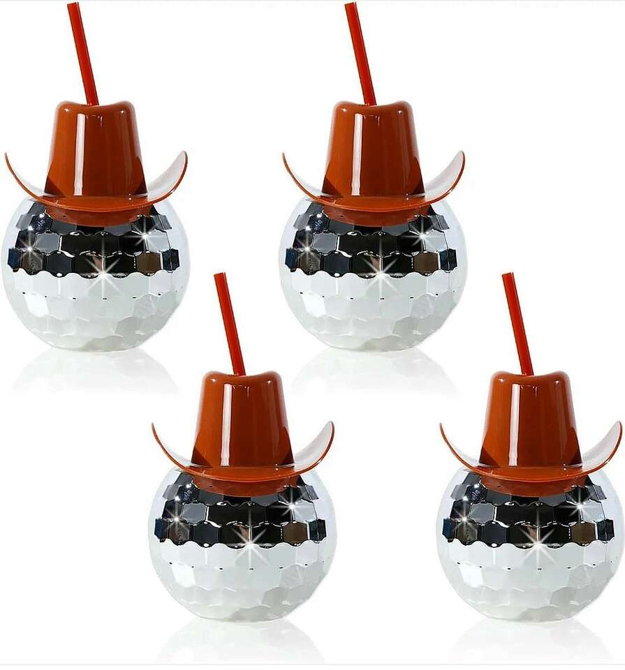 Disco Ball Cups With Cowboy Hats Barware Qty: 12
