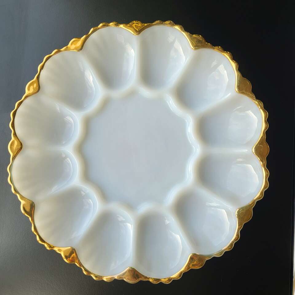 Anchor Hocking Milk Glass Gold Deviled Egg Platter