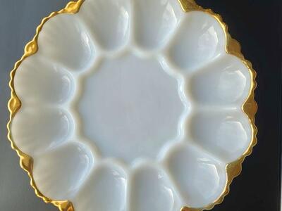 Anchor Hocking Milk Glass Gold Deviled Egg Platter