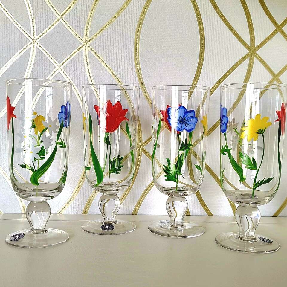 Vintage Goblet Glasses Handpainted Floral Design
