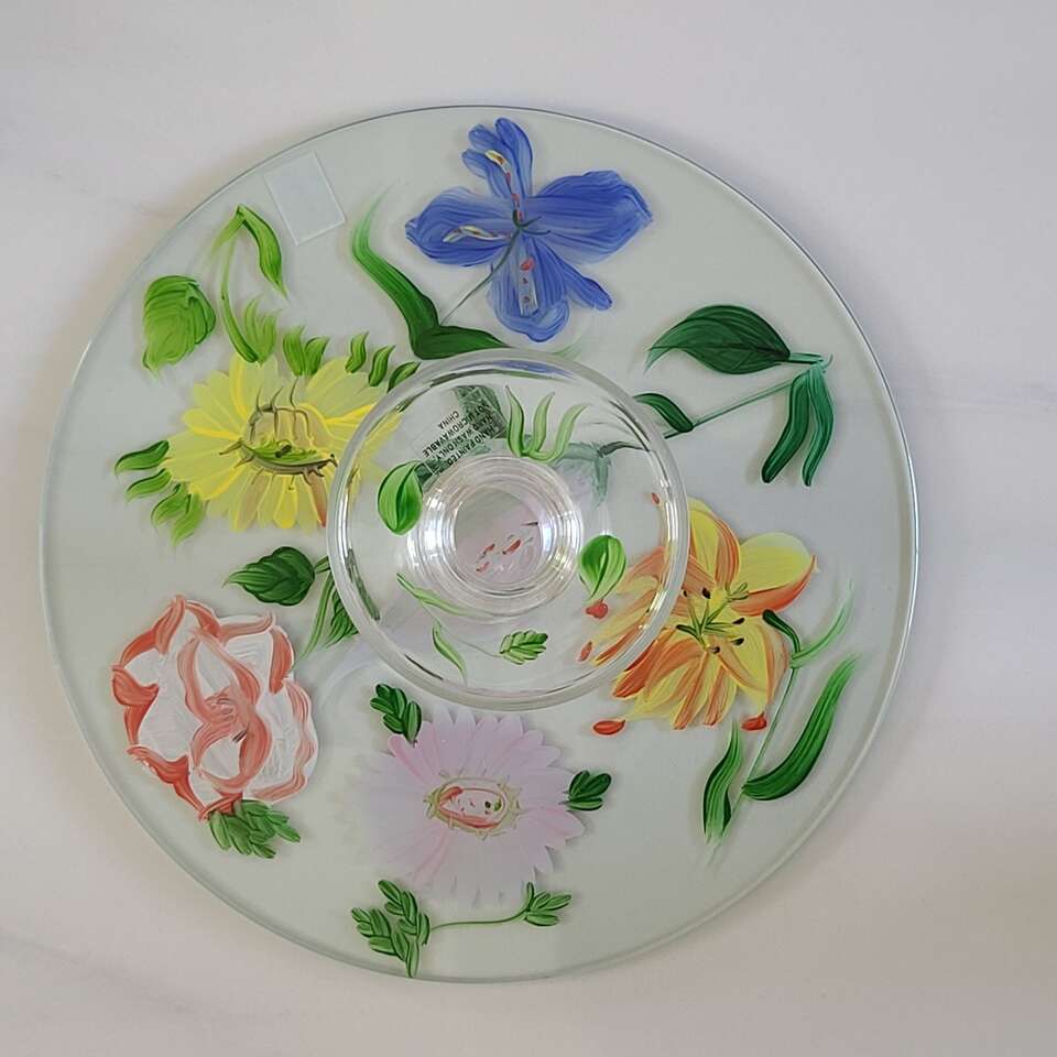 Crystal Cake Stand Hand Painted Floral Design