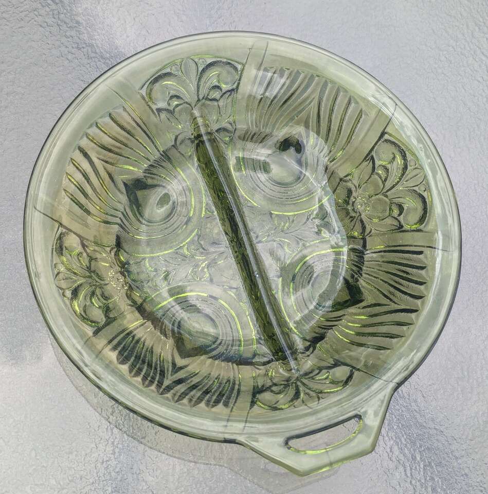 Green glass divided bowl single handle