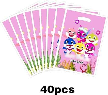 80 Pink Baby Shark Birthday/Baby Shower Treat Party Bags 9.8 X 6.5 Inch. (2 sealed 40 pcs pouches)