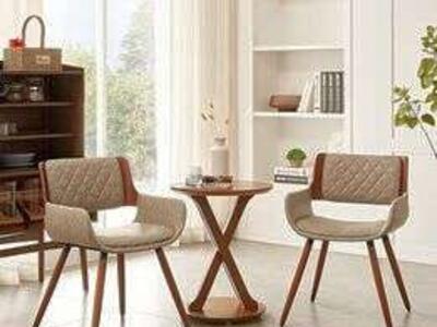 New (Set of 2) Mid Century Modern Accent Chair, Upholstery with Wood Legs Faux Leather Light Grey