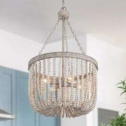 New Large White Modern Farmhouse Draped Wood Bead Chandelier 4 Lights. (Retail Price $339.99)