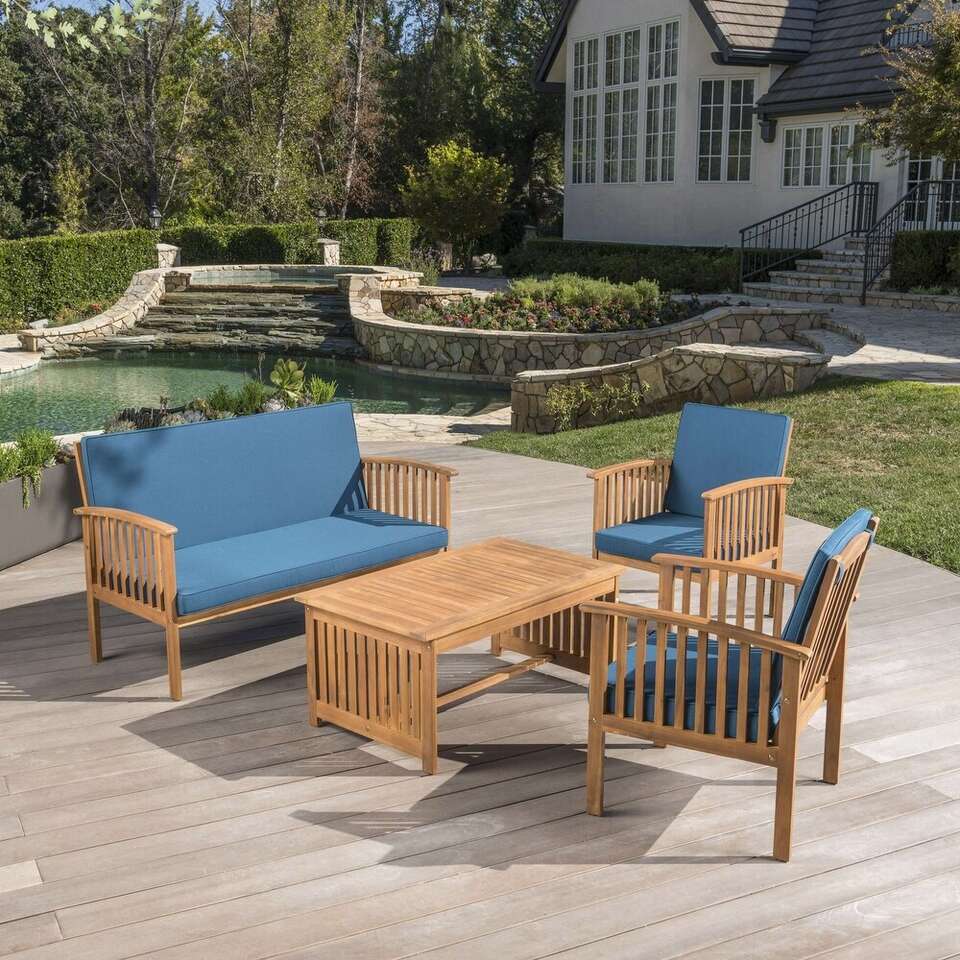 New 4-Piece Acacia Wood Outdoor Patio Sofa Sectional Set with Solid Wood Coffee Table Blue (CD)