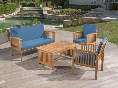 New 4-Piece Acacia Wood Outdoor Patio Sofa Sectional Set with Solid Wood Coffee Table Blue (CD)