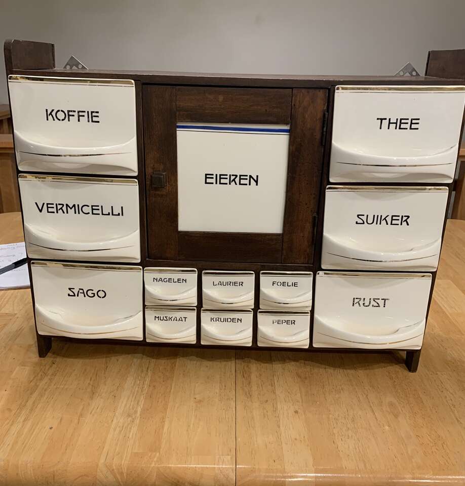 1940’s  Dutch Wood and Ceramic Spice Cabinet