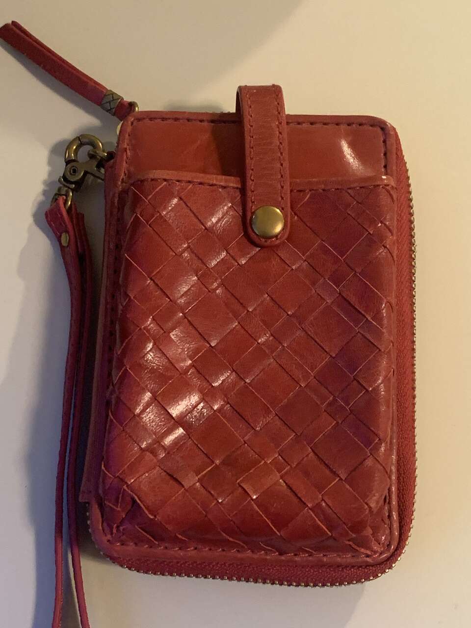 elliot lucca red braided leather zip wrist wallet/purse