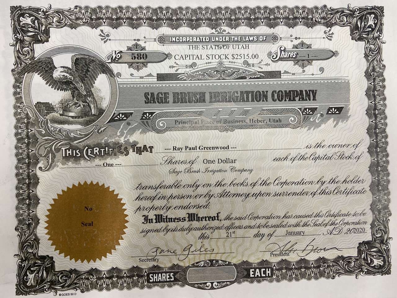 WATER SHARES SAGE BRUSH IRRIGATION