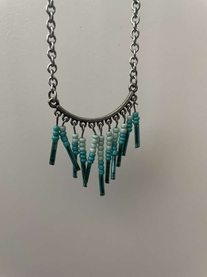 Teal Blue Beaded Silver Necklace