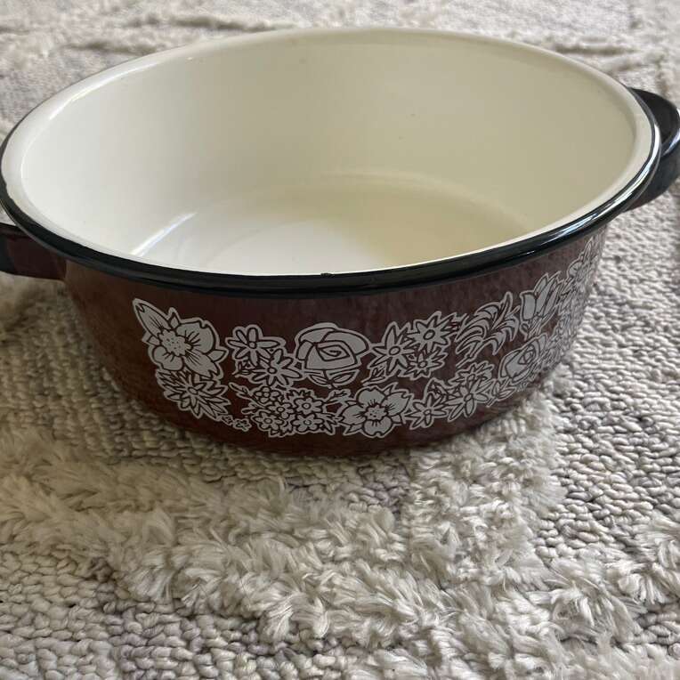 Vintage 70s Brown White Enamelware Stockpot Pan