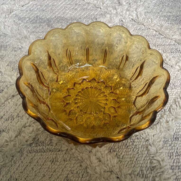 Vintage Amber 9” Glass Bowl Thumbprint Design