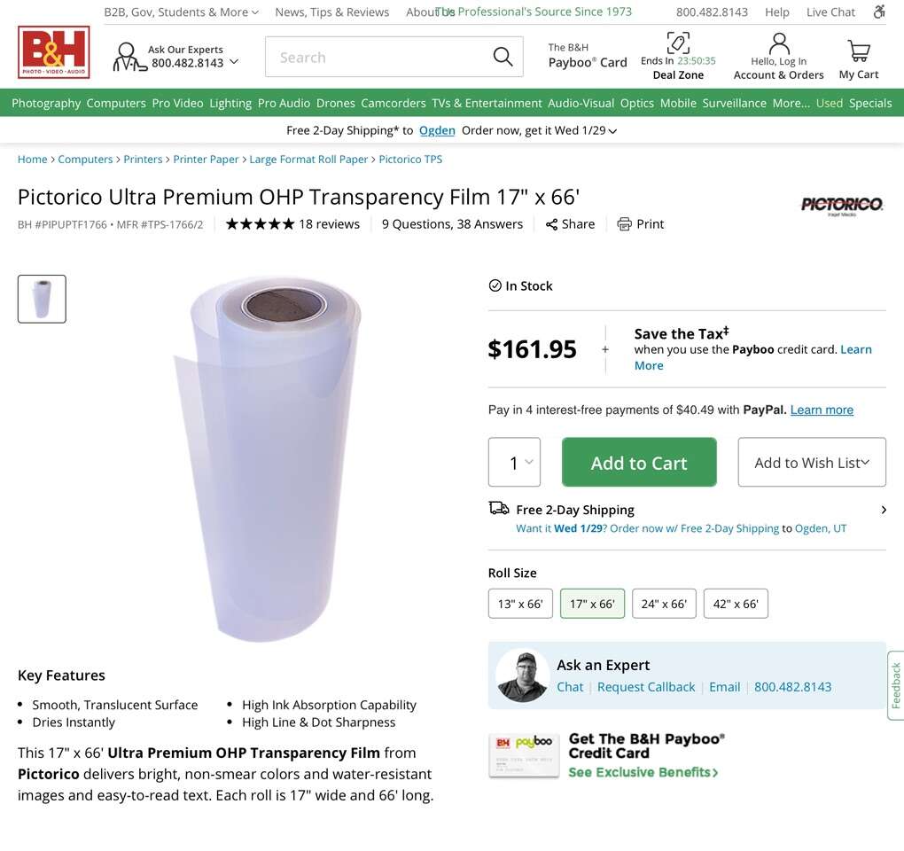 Pictorico OHP Transparency Film Unopened Roll