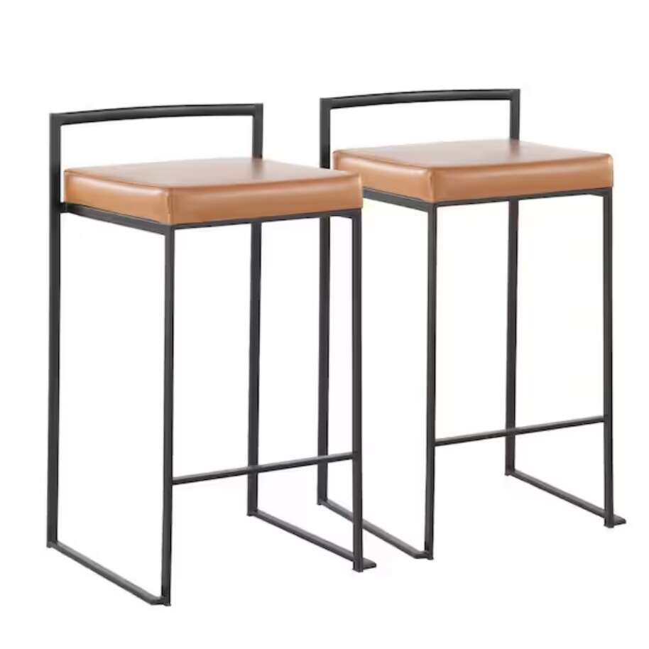 Lumisource Fuji 31 in. Camel Faux Leather and Black Metal Counter Height Bar Stool (Set of 2)