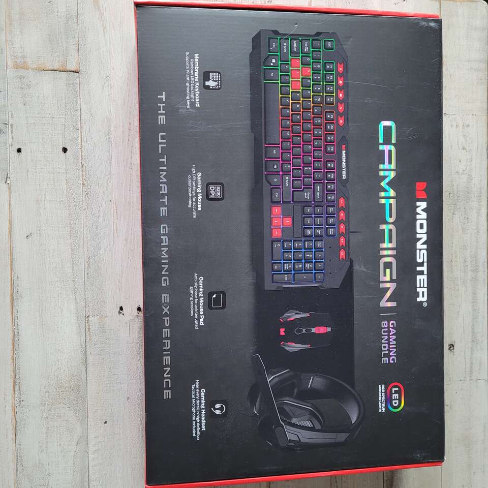 Monster 4-in-1 Gaming Keyboard, Headset, Mouse & Mouse Pad Campaign Bundle, Black